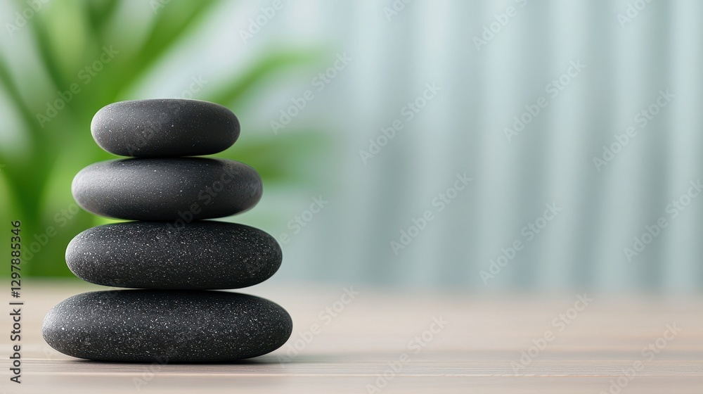 Tranquil Arrangement of Four Smooth Black Stones with Green Background for Wellness and Relaxation Theme Tranquil Arrangement of Four Smooth Black Stones with Green Background for Wellness and Relaxation Theme