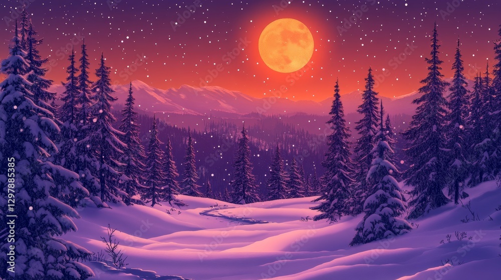 Naklejka premium Pixelated winter night scene with full moon and snowy forest landscape creating a retro aesthetic and nostalgic mood illustration