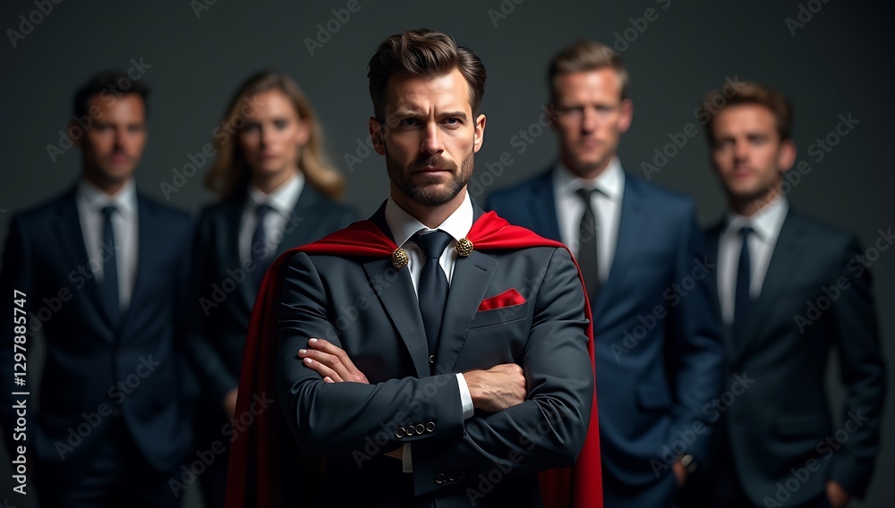 Confident Leader in Dark Suit and Red Cape, Standing Out Amongst Professionals, Symbolizing Strength and Power Confident Leader in Dark Suit and Red Cape, Standing Out Amongst Professionals, Symbolizing Strength and Power