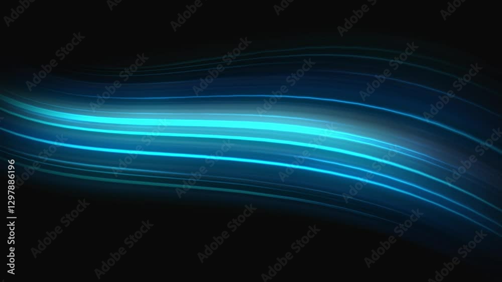 Colored air flow moving from left to right and increasing towards the end. Abstract blue wave light glowing line seamless loop Air flow  arranged in a wave-like pattern on a black background . 4K
