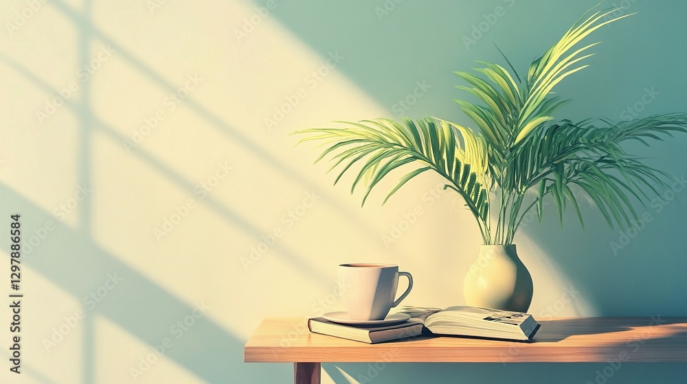 A relaxing scene displaying a cup plant and a book on wood A relaxing scene displaying a cup plant and a book on wood
