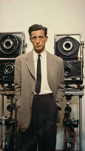 Confident film director standing among various vintage movie cameras while posing for a portrait in a studio setting, showcasing a passion for filmmaking and classic equipment