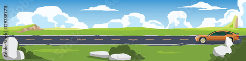 Travels of orange sedan car with driving for banner. Asphalt road near the meadow. And broken traffic line color.  with green hills under clear sky. Copy Space Flat Vector.