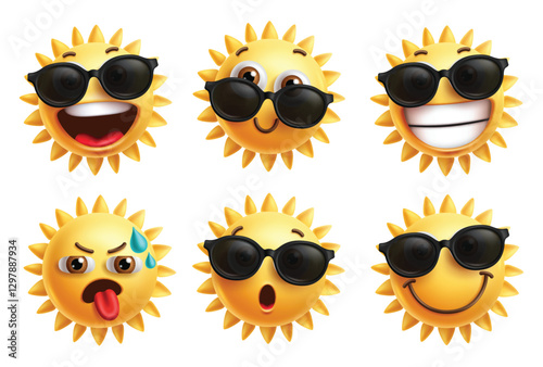Sun emojis sunglasses characters clipart set. Summer emoji face clip art with sunglasses collection for sun emoticon design vector illustration. 
