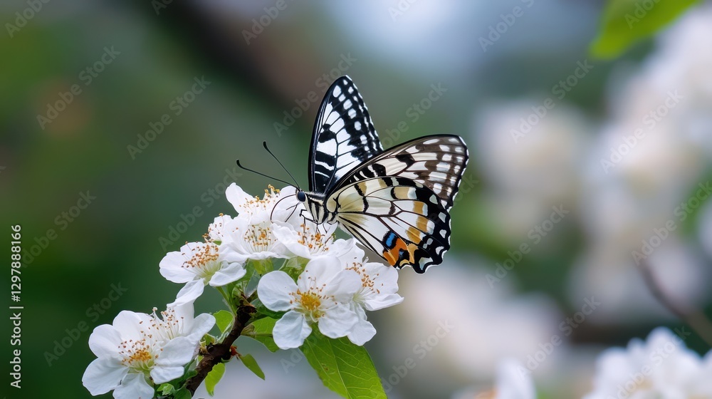A vibrant butterfly alights on delicate white blossoms, showcasing the harmony of nature with its intricate patterns and gentle elegance. A vibrant butterfly alights on delicate white blossoms, showcasing the harmony of nature with its intricate patterns and gentle elegance.
