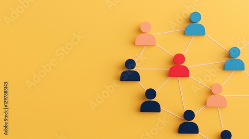 Connection Network of Colorful User Icons on Bright Yellow Background Representing Social Interaction and Engagement