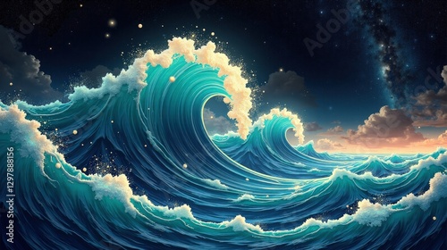 A surreal ocean of gravity waves, shifting fractal patterns bending spacetime, luminous Art Deco waves cascading into infinity, depicting quantum gravity's invisible forces.