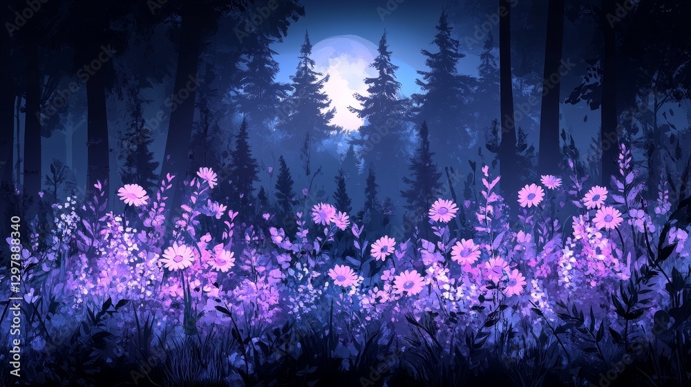 Obraz premium Enchanted twilight bloom, a serene scene of flora bathed in moonlight filtering through silhouetted trees revealing nature's tranquility