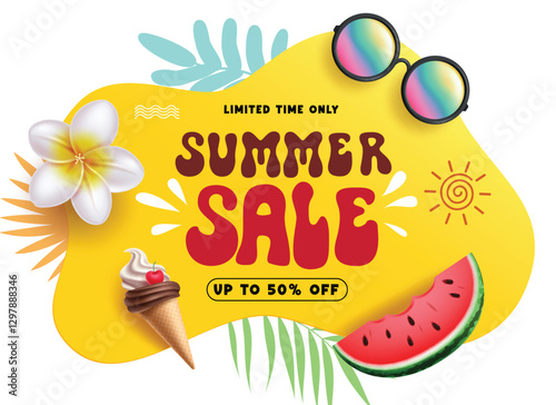 Summer sale template clipart poster. Summer promo limited time offer with watermelon, ice cream, sunglasses and flowers tropical elements vector illustration. 
