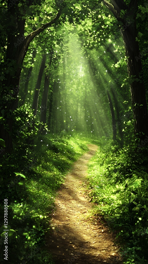 Obraz premium Sunlit Path Through Lush Green Forest