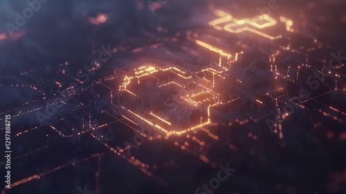 Abstract Coding Concept Depicted by Glowing Lines, Symbols and Gradient Lighting with Atmospheric Background