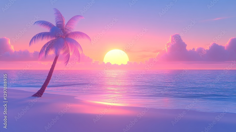 Fototapeta premium Vaporwave beach aesthetic with a palm tree at serene sunset a calming tropical scene evoking nostalgia and 80s vibes