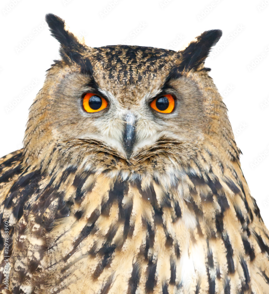 Fototapeta premium A large owl with a yellow eye stares at the camera