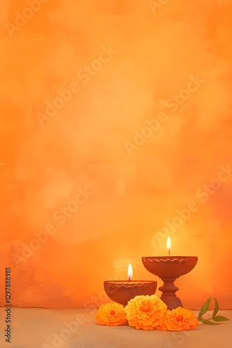 Diwali celebration with burning diyas and marigold flowers on orange background. Traditional Hindu festival of lights. Decorative setting with copy space for greeting cards.