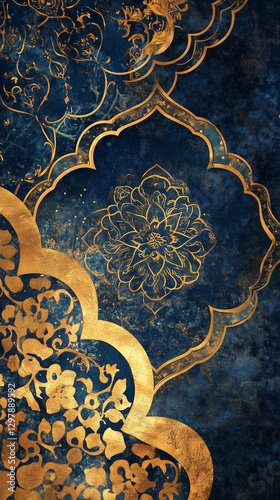 Abstract Middle Eastern patterns in gold and navy blue, luxurious design, rich textures

