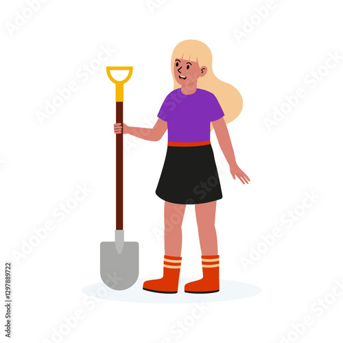 Girl with shovel standing on ground, ready for gardening activities in a colorful outfit
