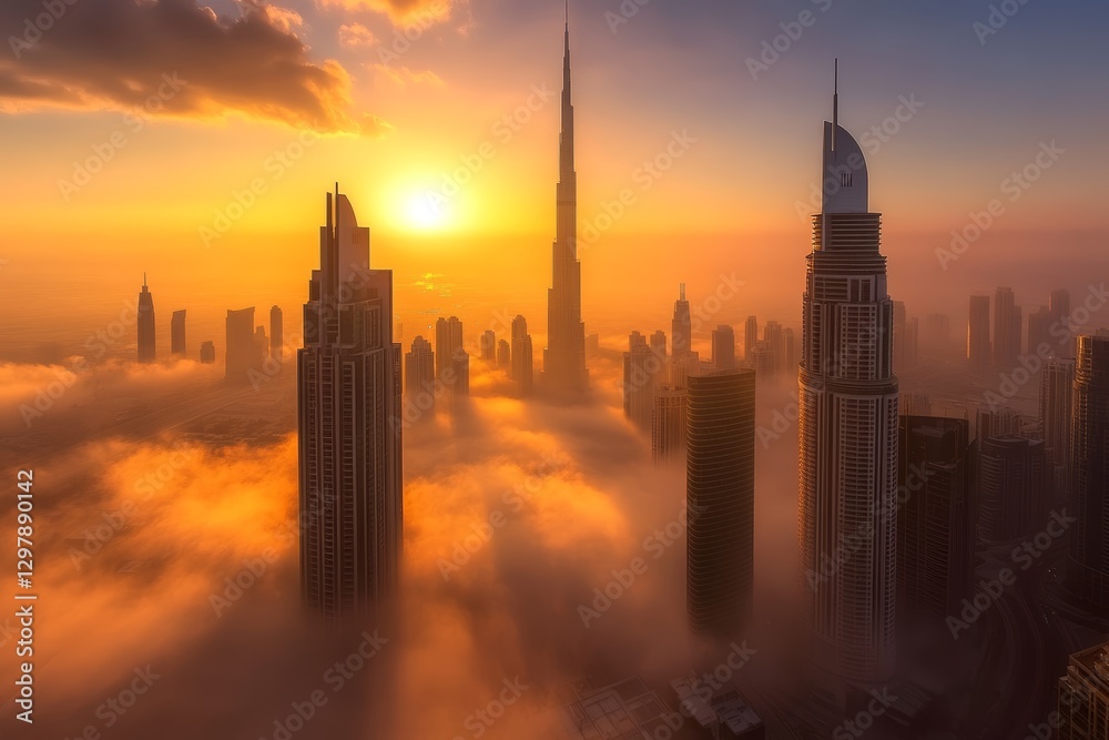 Obraz premium A breathtaking sunrise over a modern city skyline, with golden sunlight reflecting off the glass skyscrapers and soft morning mist covering the streets below.