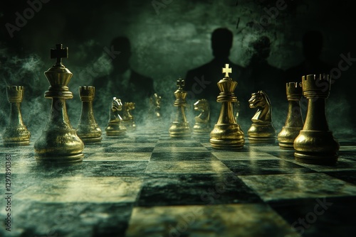 A chessboard with golden chess pieces representing players with financial power. It is a symbol of invisible economic power.