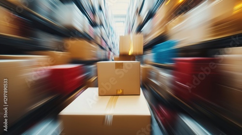  A warehouse filled with moving cardboard boxes, shot in motion blur, symbolizing logistics and e-commerce.