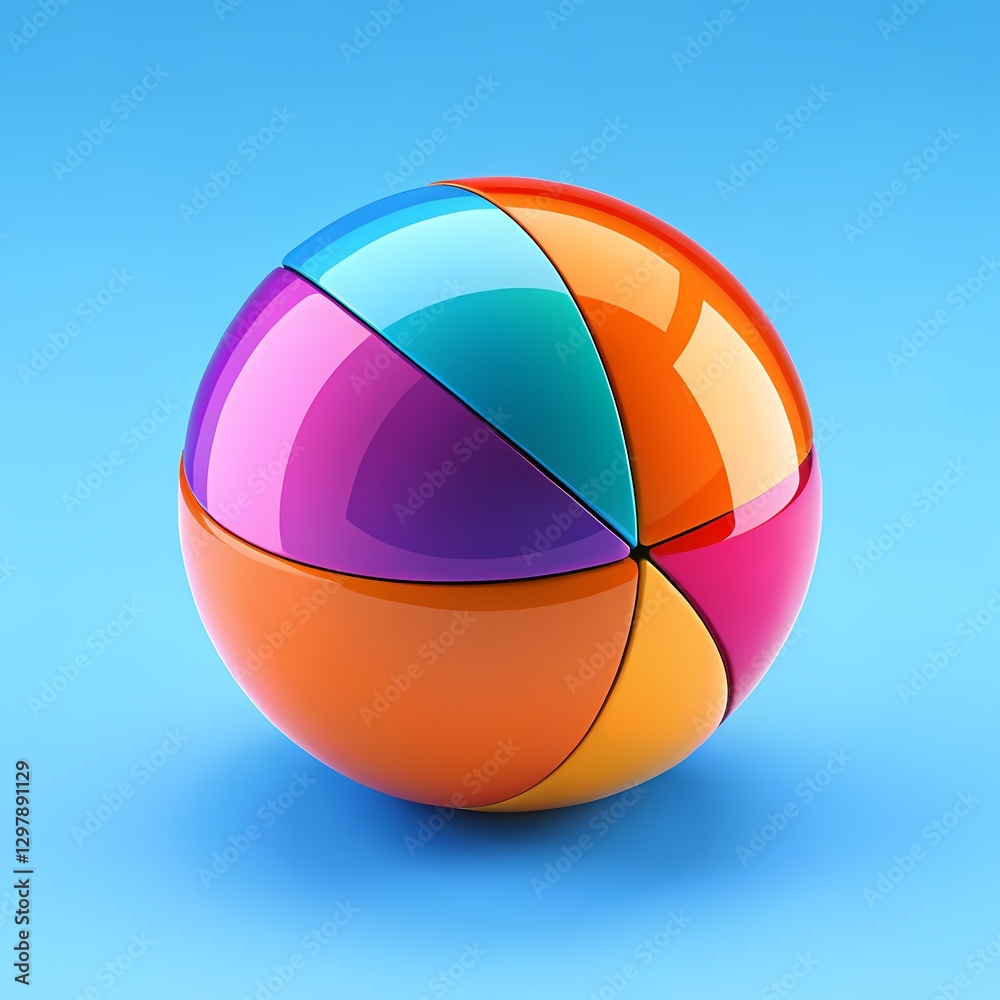 Fototapeta premium Glossy segmented rainbow sphere casting soft shadows on a bright blue surface — Esfera segmentada arcoíris brillante proyectando sombras suaves sobre superficie azul intensa