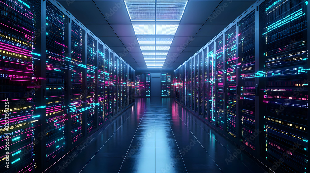 Illuminated Server Room Interior With Glowing Racks of Data Storage Equipment Illuminated Server Room Interior With Glowing Racks of Data Storage Equipment