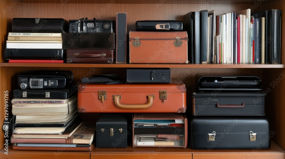 Obraz premium A vintage shelf teeming with retro suitcases, books, and cameras, evoking nostalgia and the charm of a collected traveler’s treasures.