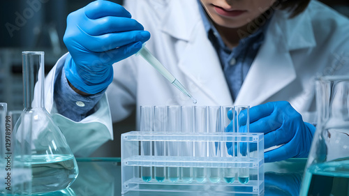 In a lab setting, a scientist uses a pipette to add liquid to several transparent test tubes.