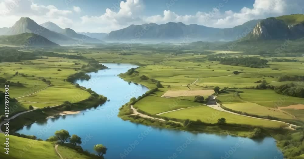 una vista panoramica de un valle, hay muchos arboled altos, un lago donde converge un rio que su agua cae por una fuente hacia el lago, hay un camino de tierra y varias colinas alrededor.