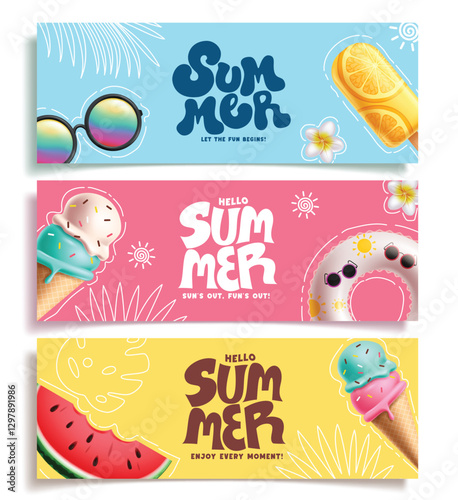 Hello summer greeting clipart banner. Summer greeting text with floaters, watermelon, sunglasses and ice cream clip art collection in colorful background vector illustration. 
