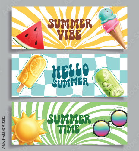 Summer greeting card clipart banner set. Hello summer greeting clip art with ice cream, popsicle, sun, sunglasses and watermelon tropical elements in colorful background. 
