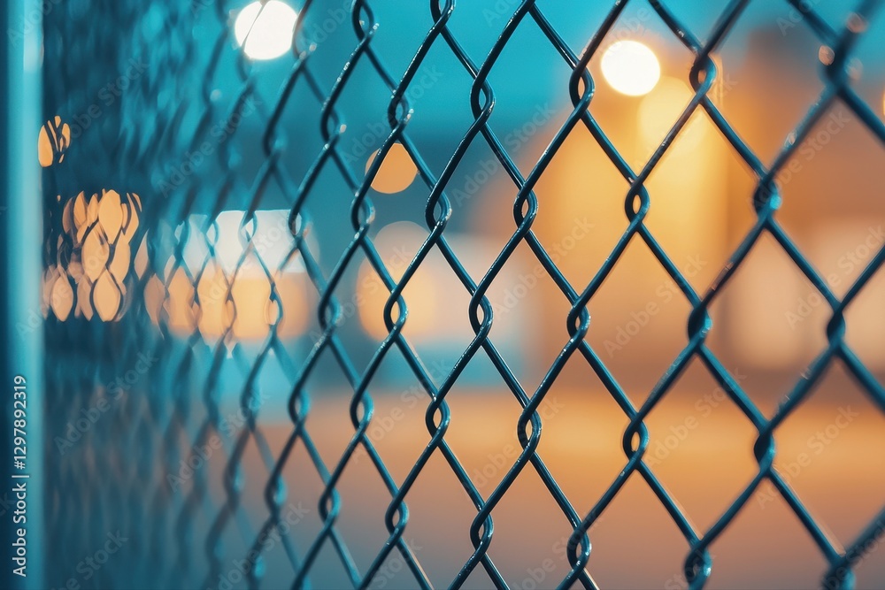 Fototapeta premium Chain link fence stretching alongside a vibrant green field under a clear blue sky with soft clouds in the distance