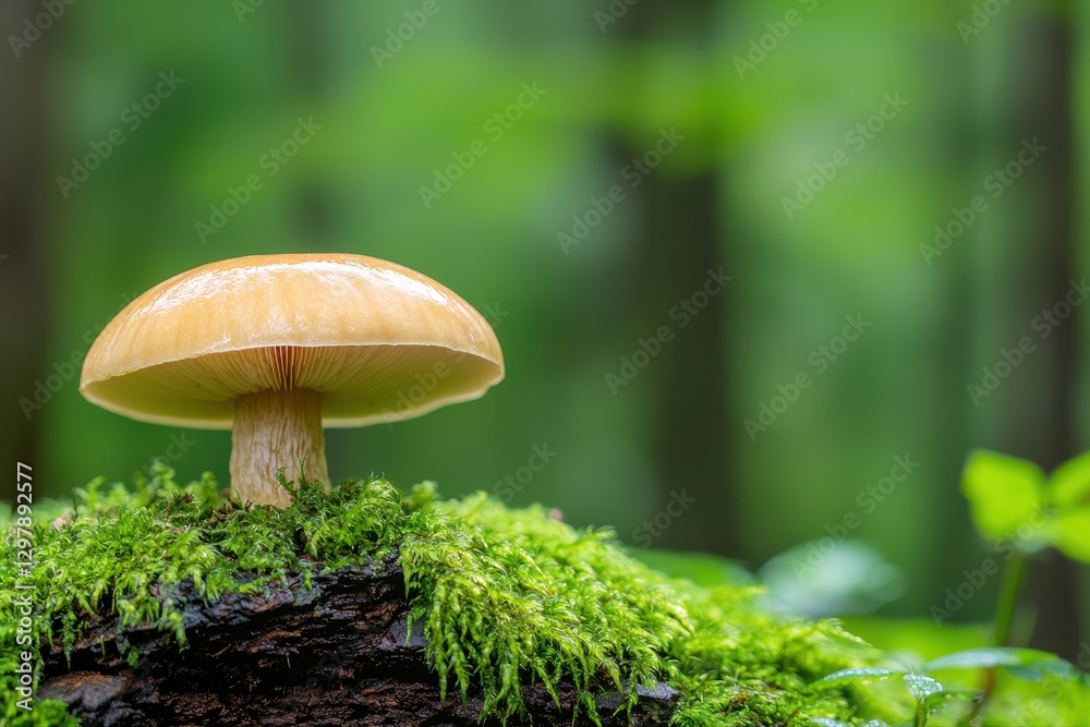 Delicate mushroom growing on a log covered in soft green moss surrounded by nature's lush foliage and beauty Delicate mushroom growing on a log covered in soft green moss surrounded by nature's lush foliage and beauty