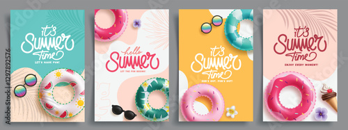 Summer greeting card clipart poster set. Hello summer greeting clip art with colorful floaters, sunglasses and ice cream elements in colorful abstract background collection vector illustration. 
