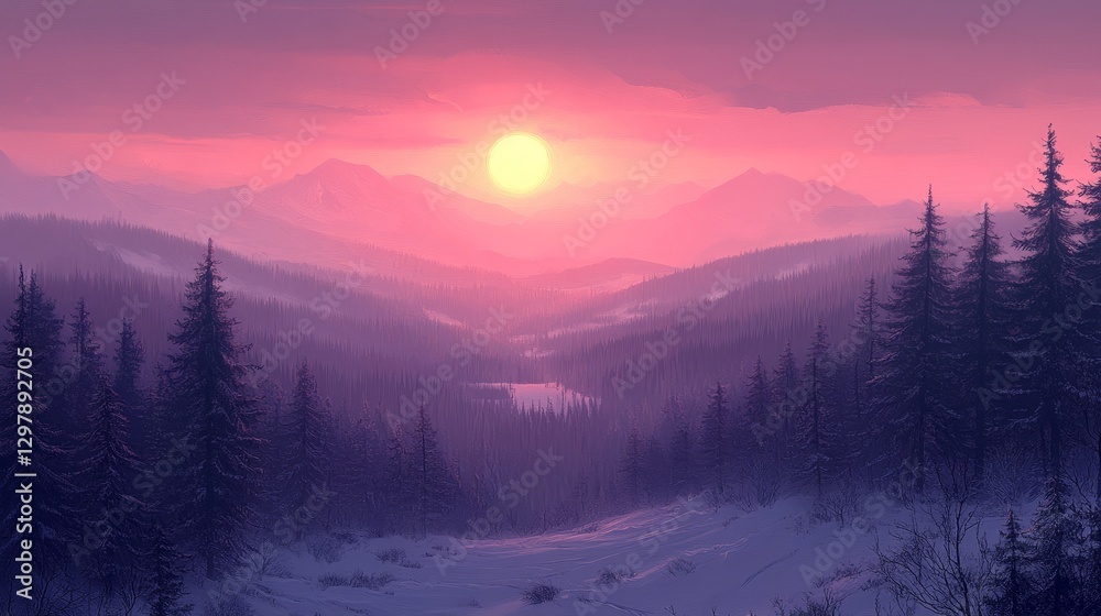 Obraz premium Ethereal dawn paints a serene winter mountain landscape with hues of pink and purple creating a dreamy idyllic and tranquil vista