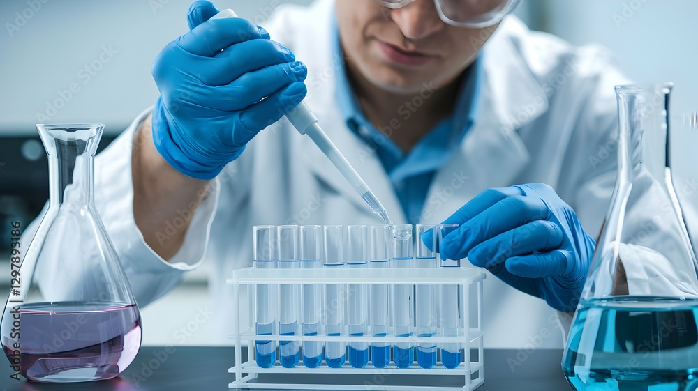 In a lab setting, a scientist uses a pipette to add liquid to several transparent test tubes. In a lab setting, a scientist uses a pipette to add liquid to several transparent test tubes.