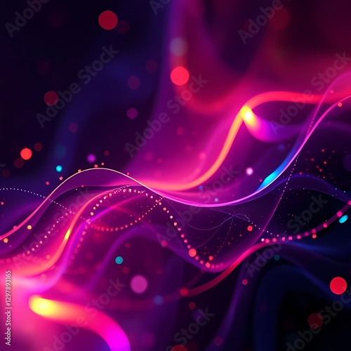Pulsating magenta ribbons with radiant dots swirling in a cosmic nightscape — Cintas magenta palpitantes con puntos radiantes arremolinándose en paisaje nocturno cósmico.