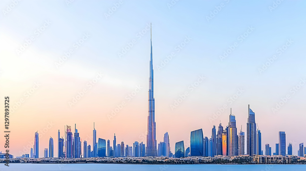 Naklejka premium Panoramic View of Dubai Skyline at Sunset Showing Modern Architecture and Cityscape with Water Reflection