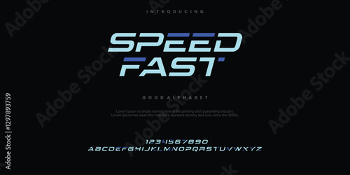 Speed Fast futuristic minimalist display font design, alphabet, typeface, letters and numbers, typography.