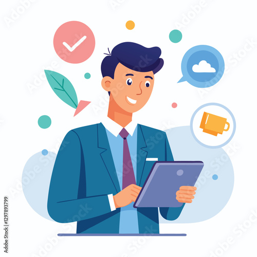 Man holding and using digital tablet computer. Tablet computer concept illustration. Vector illustration in cartoon style.