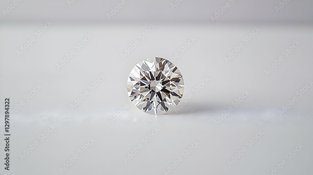 Round Cut Diamond Showing Facets and Sparkle on White Surface with Light Reflection Round Cut Diamond Showing Facets and Sparkle on White Surface with Light Reflection