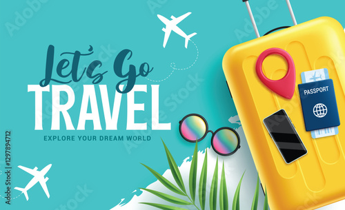 Travel summer clipart design. Travel and tour international clip art with bag luggage, mobile phone, passport, ticket and sunglasses elements in blue background vector illustration.  
