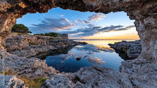Sunrise through coastal rock arch, calm sea reflection, scenic view photo