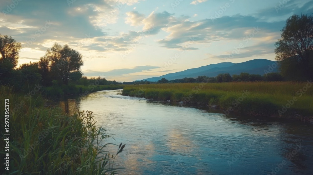 Fototapeta premium Scenic River Landscape with Dramatic Sky