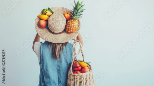 Summer Vibes: Girl with a Basket Full of Fresh Fruits photo