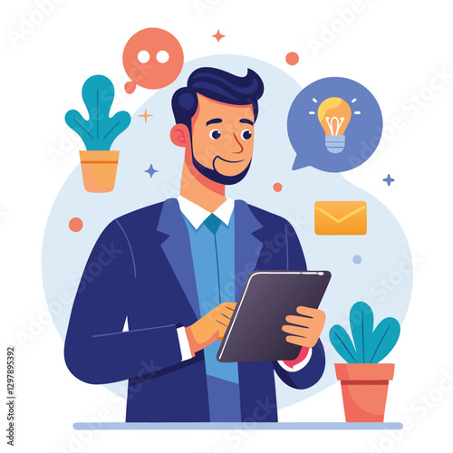 Man holding and using digital tablet computer. Tablet computer concept illustration. Vector illustration in cartoon style.