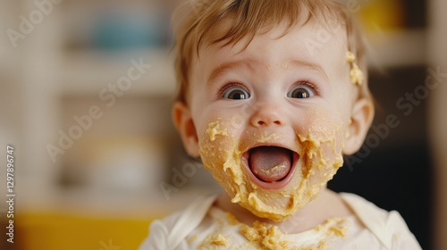Happy Baby with Peanut Butter on Face Enjoying Messy Mealtime Experience in Bright Indoor Setting