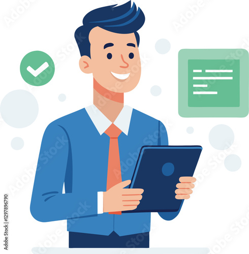 Man holding and using digital tablet computer. Tablet computer concept illustration. Vector illustration in cartoon style.