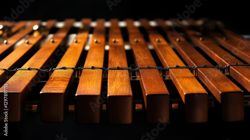 A marimba with its wooden bars and resonators