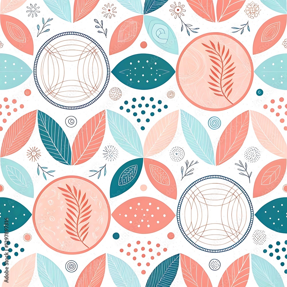 Abstract seamless pattern design with pastel leaves and geometric shapes botanical illustration for Abstract seamless pattern design with pastel leaves and geometric shapes botanical illustration for