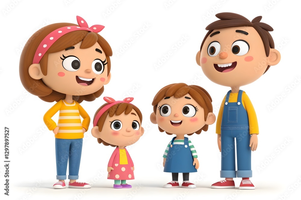 Cute 3D Smiling Family Set – Loving Parents and Cheerful Kids in Full-Body View Cute 3D Smiling Family Set – Loving Parents and Cheerful Kids in Full-Body View
